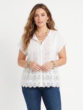SUNDANCE Art of Eyelet White Cotton Blouse size Large